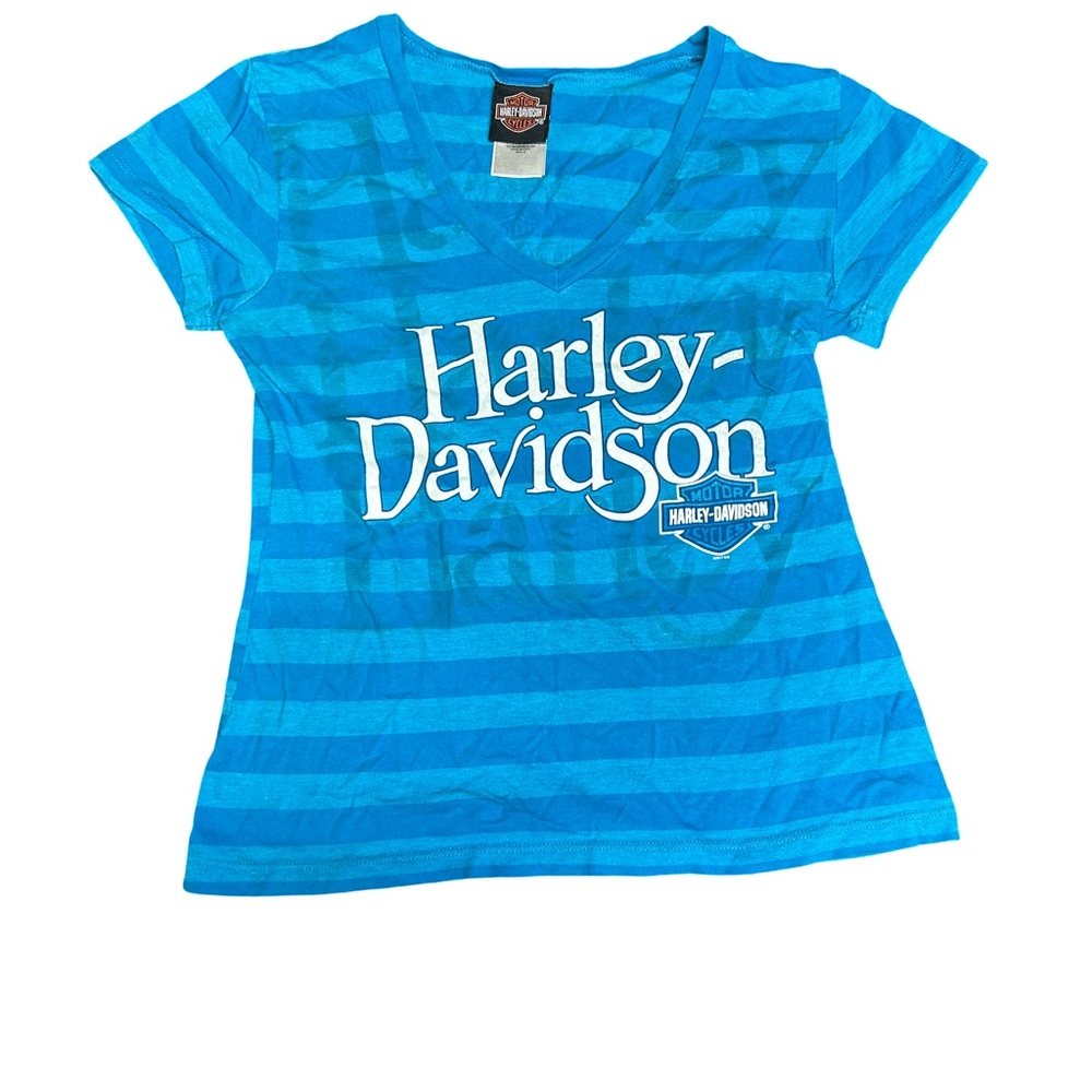 Harley-Davidson Teal & Aqua Striped V-Neck Tee